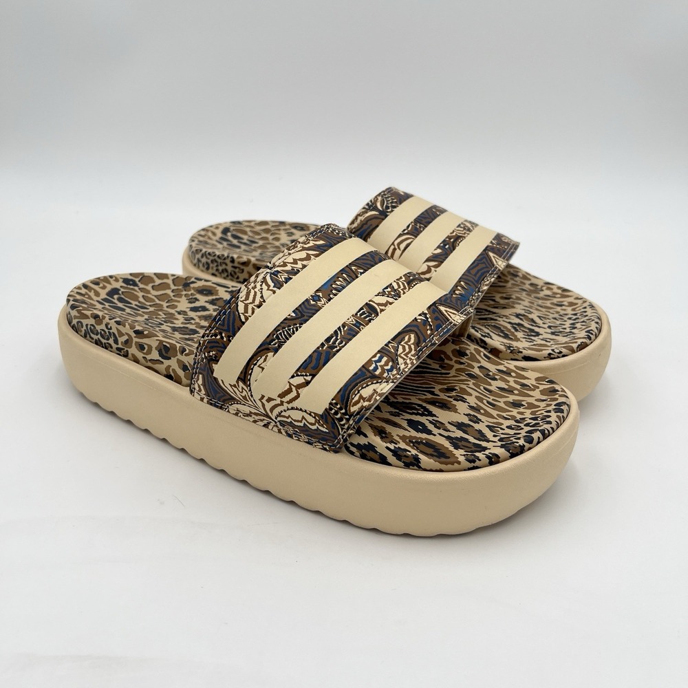 adidas Women's Leopard Print Platform Slides Animal Print 3 Stripe Sandals